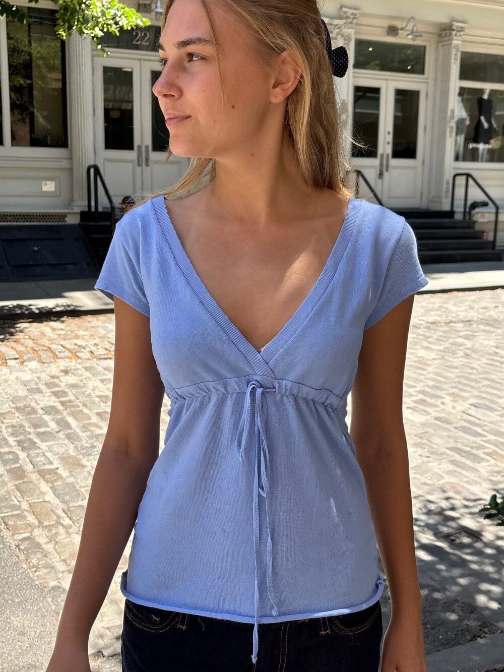 Brandy Melville Light Blue V-Neck Tie-Front Top